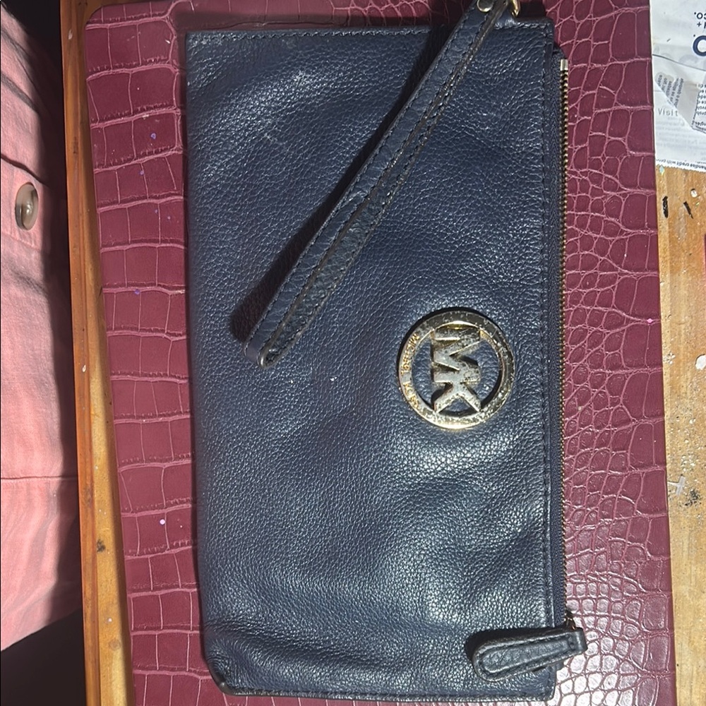 Michael Kors Gold and Blue Clutch with Textured Leather and Prominent Logo